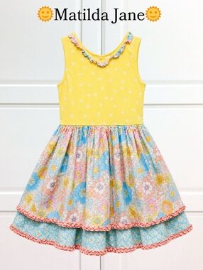 Matilda Jane Yellow Polka Dot Ruffle Floral Tiered Dress Size 10 Spring Summer